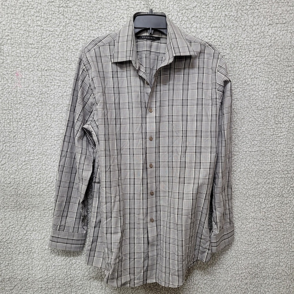 Sean John Mens Grey Plaid Lurex Metallic Button Down Shirt 16 32/33 Regular Fit
